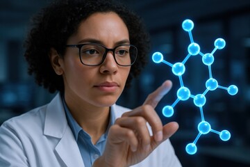 Female Scientist Interacting with Holographic Molecular Model: Research, Technology, and Pharmaceutical Innovation in Futuristic Lab