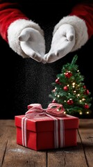Santa's hands sprinkle magic snow over gift and festive christmas tree