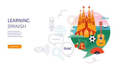 Obraz premium Spanish Language learning, concept design. Travel, tourism illustration of Spain. Speech bubble with image of Barcelona and Madrid inside