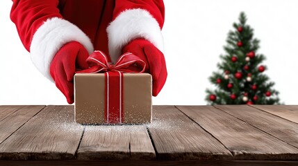 Santa preparing a gift box with christmas tree in background