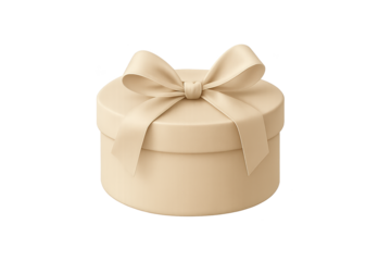 Beige round gift box with tied satin ribbon bow