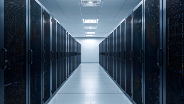 Data center server room with rows of server racks and a bright hallway