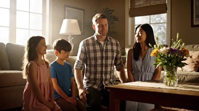 Family kneeling together in prayer at home, children and parents united in faith