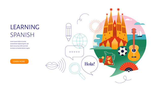 Spanish Language learning, concept design. Travel, tourism illustration of Spain. Speech bubble with image of Barcelona and Madrid inside