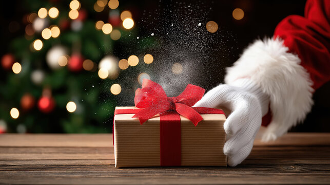 Santa claus hands presenting gift with red bow in festive holiday setting