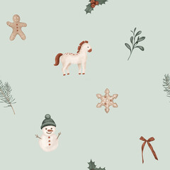 Christmas seamless pattern with symbol new year 2026, horses, pine branches, for tree. Repeat ornament with illustration holly and red berries and sweet cookie gingerbread and snowman.