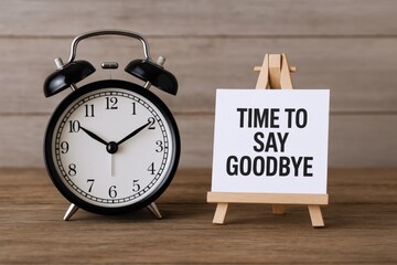 Farewell Message with Classic Alarm Clock: Time to Say Goodbye, on Wooden Background