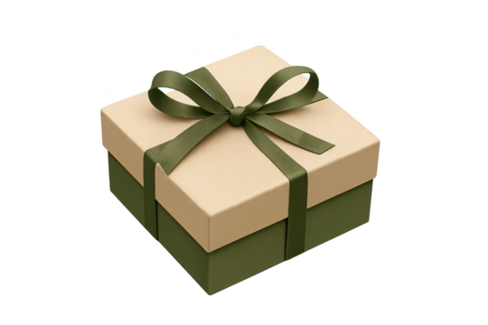 Beige-lidded olive-green gift box tied with dark green ribbon - Powered by Adobe