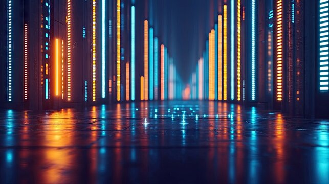 An abstract, futuristic image of a corridor with neon lights in blue and orange, reflecting on the floor, creating a sense of depth and a high-tech atmosphere.