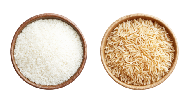 Two bowls of rice one white and one brown isolated on transparent background