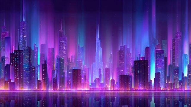 Futuristic Cityscape with Neon Lights and Reflections: A Vibrant Urban Digital Illustration - Powered by Adobe