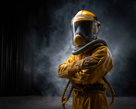 A hazardous materials specialist stands in a smoky, industrial setting, clad in a yellow protective suit and full-face respirator.