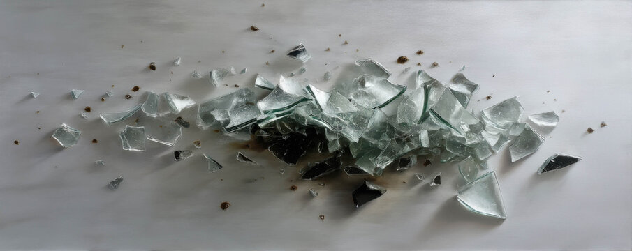 A high-angle view showcasing a pile of shattered glass fragments on a plain white background, accentuated with drops or stains, creating an image of destruction, vulnerability, or fragility.