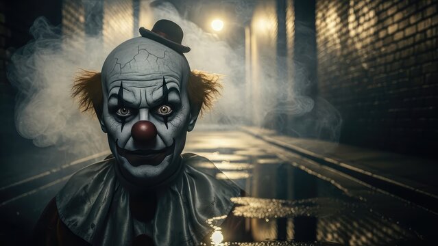 Creepy clown emerges from dark alley with sinister gaze, surrounded by eerie fog.