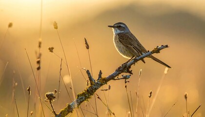 Small bird perched on a lichen-covered branch in warm golden hour sunlight with a soft blurry background of dry grass and distant hills