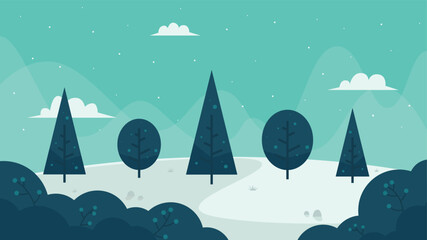Minimalist winter forest landscape flat illustration featuring trees and snowflakes against clear sky with soft clouds perfect for seasonal background and Christmas.