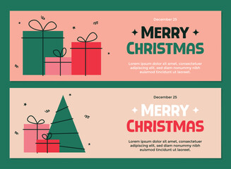 Christmas banner set illustration template with minimalist wrapped gift boxes and pine tree on green background suitable for seasonal promotions, digital ads, and holiday greetings.