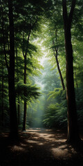 Fototapeta premium A serene forest scene with sunlight filtering through tall trees, creating a path of light.