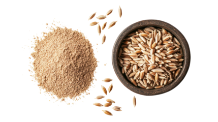 Pile of whole grain oats and oats in a bowl isolated on transparent background