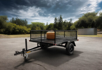A sturdy black utility trailer with a mesh cage, parked on a paved surface.