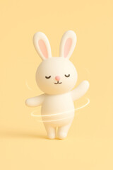 Cute white bunny with subtle glowing aura rings dancing on butter yellow background - minimal 3D illustration of joy, calm energy and mindful motion