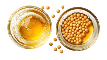 Two glass bowls with soybeans and soybean oil isolated on transparent background