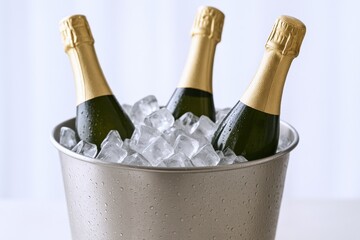 Celebratory Champagne Bottles Chilling in Ice Bucket, Ready for a Festive Occasion or Special Event