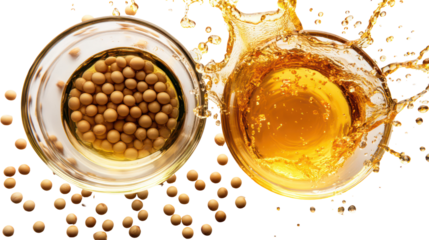 Two halves of an egg yolk splashing with oil isolated on transparent background