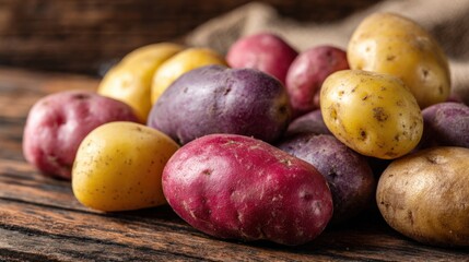 Vibrant Assortment of Colorful Potatoes on Rustic Wooden Surface, Showing Yellow, Purple, and Red Varieties