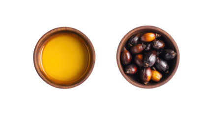 Two oval bowls one with olive oil and one with olives isolated on transparent background