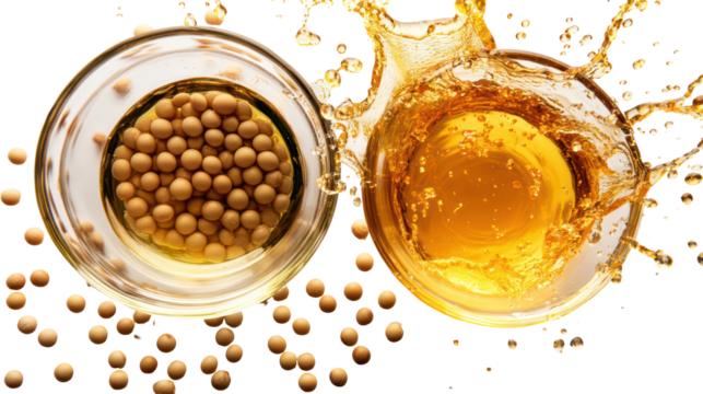 Two halves of an egg yolk splashing with oil isolated on transparent background