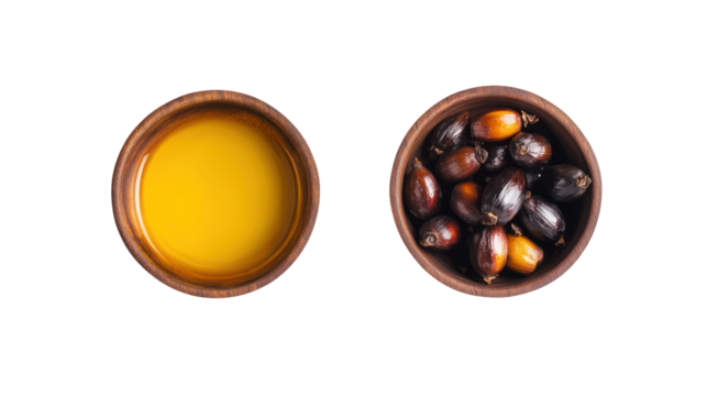 Two oval bowls one with olive oil and one with olives isolated on transparent background - Powered by Adobe