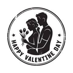 Romantic couple silhouette with flowers on happy valentine day stamp
