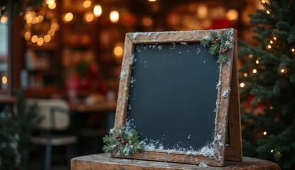 Christmas chalkboard sign with festive decorations in front of cafe