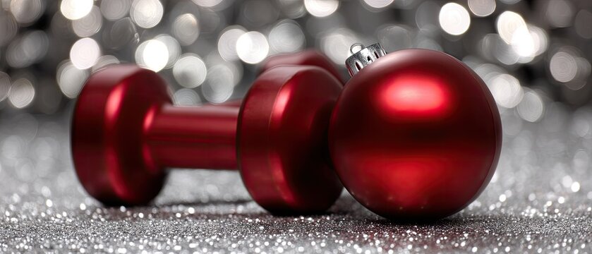 Red dumbbells and a shiny ornament resting on a silver glitter surface during the holiday season