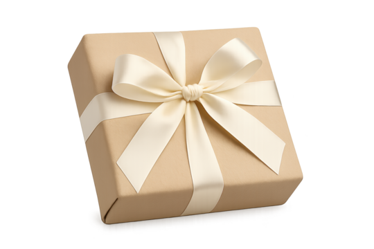 Beige gift box tied with cream satin ribbon in neat wrap
