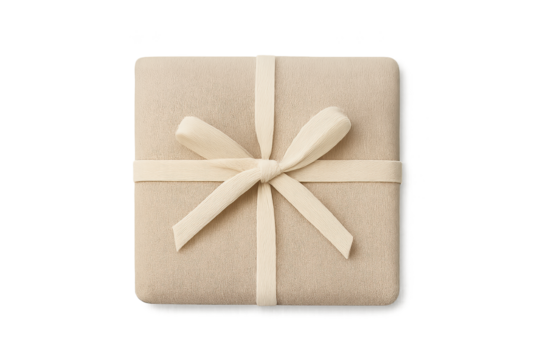Beige kraft gift box wrapped with cream ribbon and bow