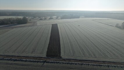 Aerial view of frosted agricultural field with plowed strip in rural Poland.
Drone photo showing a frost-covered field with a central plowed strip, bordered by forest and dirt road under a hazy sky.