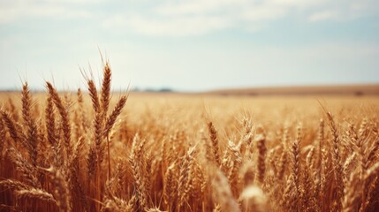Naklejka premium Golden Wheat Field Under a Bright Sky: Agriculture, Harvest, and Grain Production Stock Image