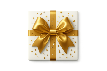 White gift box with shiny gold ribbon bow and scattered gold confetti