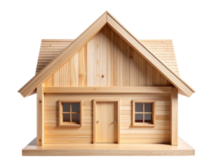 Front View Wooden House Model with Simple Roof Design, Isolated on Transparent Background 