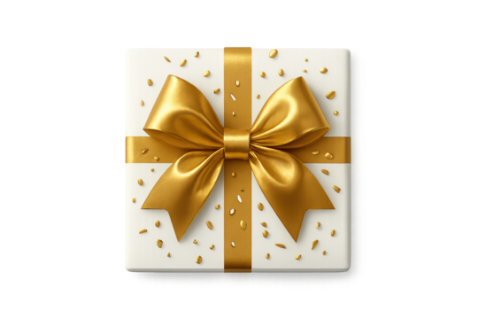 White gift box with shiny gold ribbon bow and scattered gold confetti