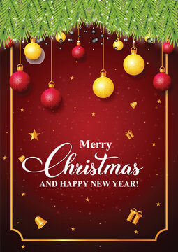 Merry Christmas and Happy New Year Card with Red Background and Gold Frame