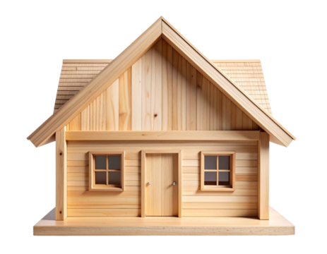 Front View Wooden House Model with Simple Roof Design, Isolated on Transparent Background 