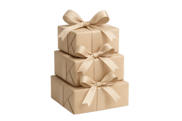 Three beige gift boxes stacked with satin bows