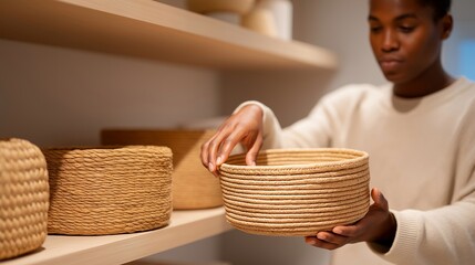 A home organizer placing neatly labeled woven baskets on open shelving racks, creating a minimalist and clutter-free living space — home organization systems, functional interior design, and modern