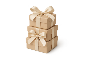 Three beige gift boxes stacked with satin bows for present display
