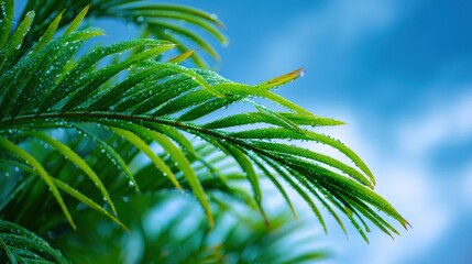 Fototapeta premium Lush Green Palm Frond with Water Droplets Against a Blurred Sky Backdrop, Evoking Tranquility
