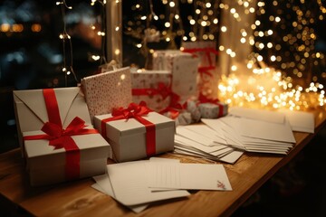 Softly lit scene of a decorated wooden table showcasing a holiday wish list, scattered envelopes, and neatly arranged gift boxes with red ribbons, exuding a festive and inviting mood