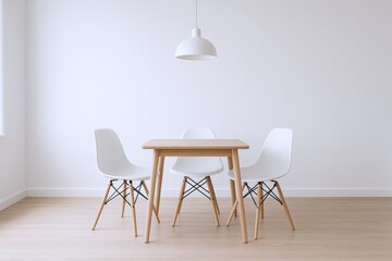 Minimalist Dining Area with Wooden Table, White Chairs and Clean White Wall, Perfect for Mockup and Interior Design